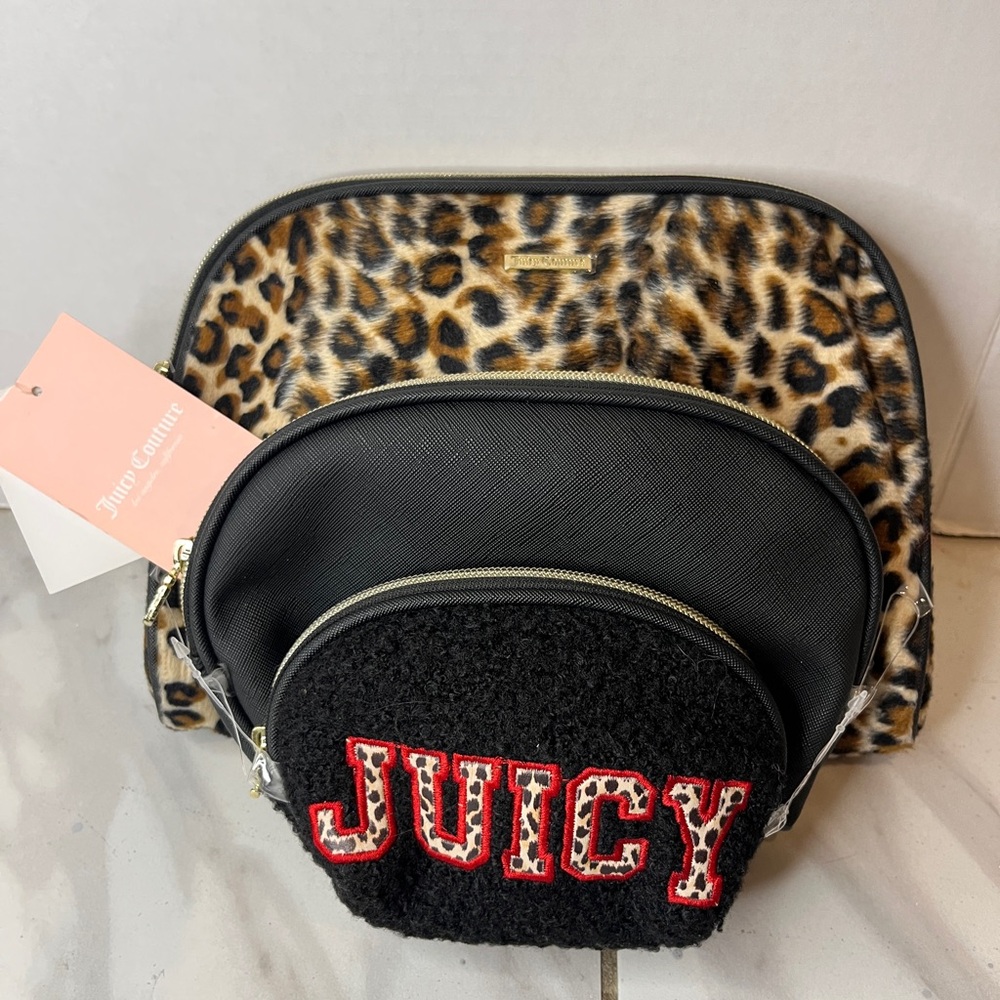 Juicy Couture Set Of 3 Black & Leopard Travel Make Up Toiletry Cosmetic Bags NWT - Picture 5 of 13